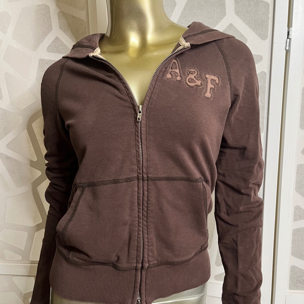 Vintage Abercrombie & Fitch Brown Zip Up Hoodie Y2K Logo Size M Women's Mallcore